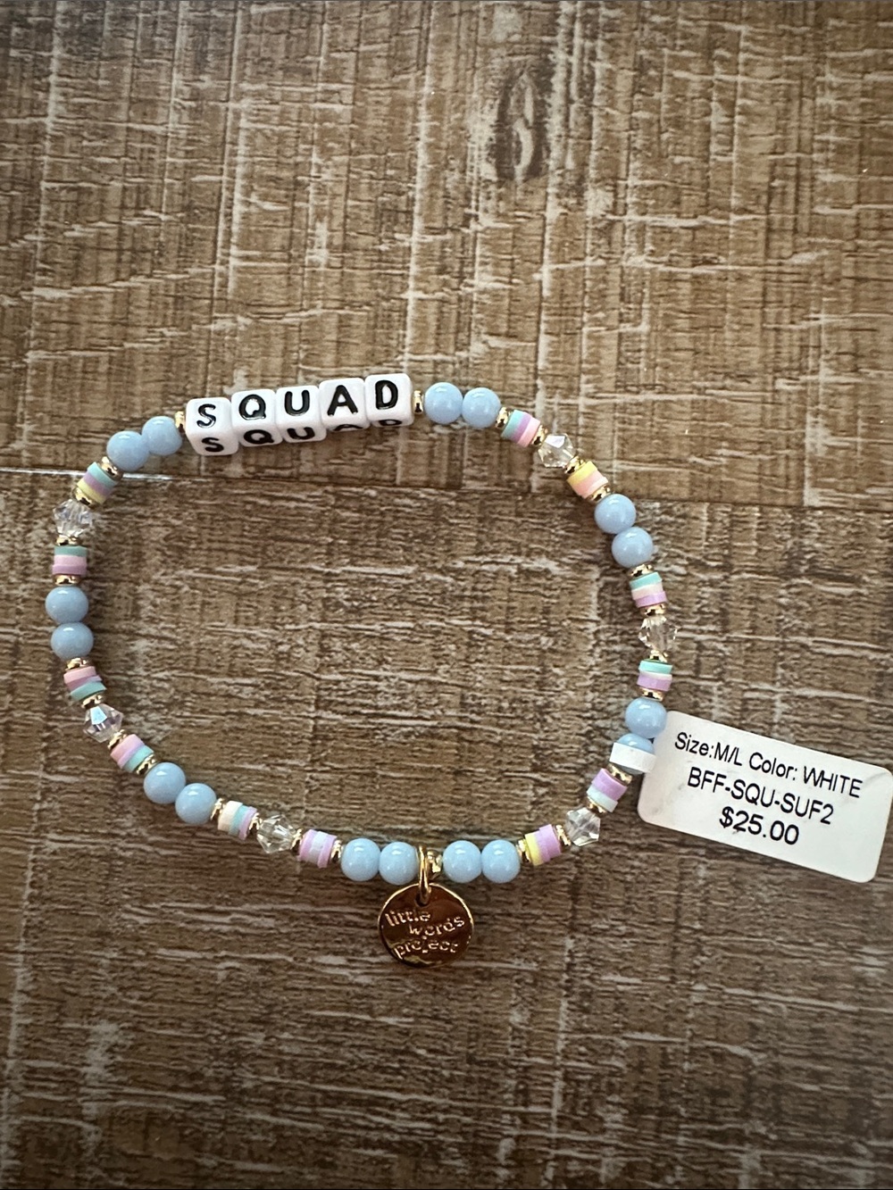 White 'SQUAD' Beaded Friendship Bracelet with Gold Charm - Unbranded